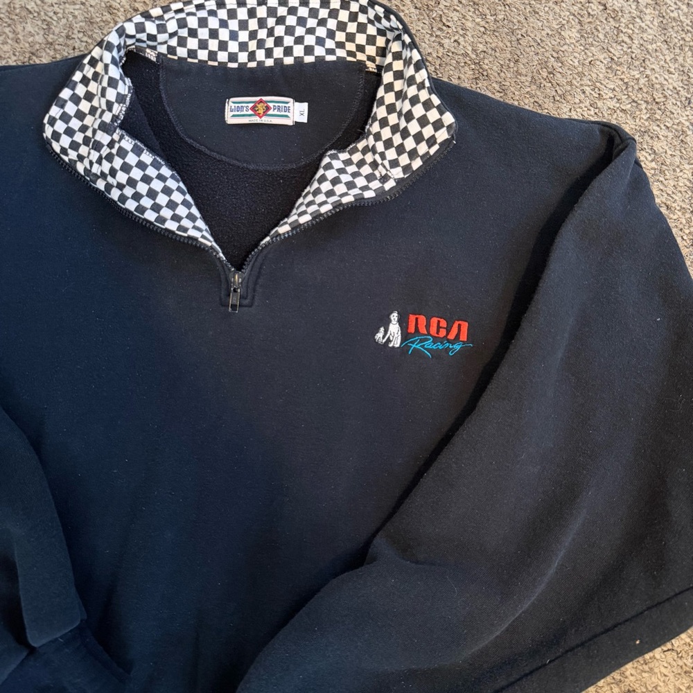 Vintage 90s RCA Nipper Dog Zip Checkered Collar Pullover Sweater XL Black